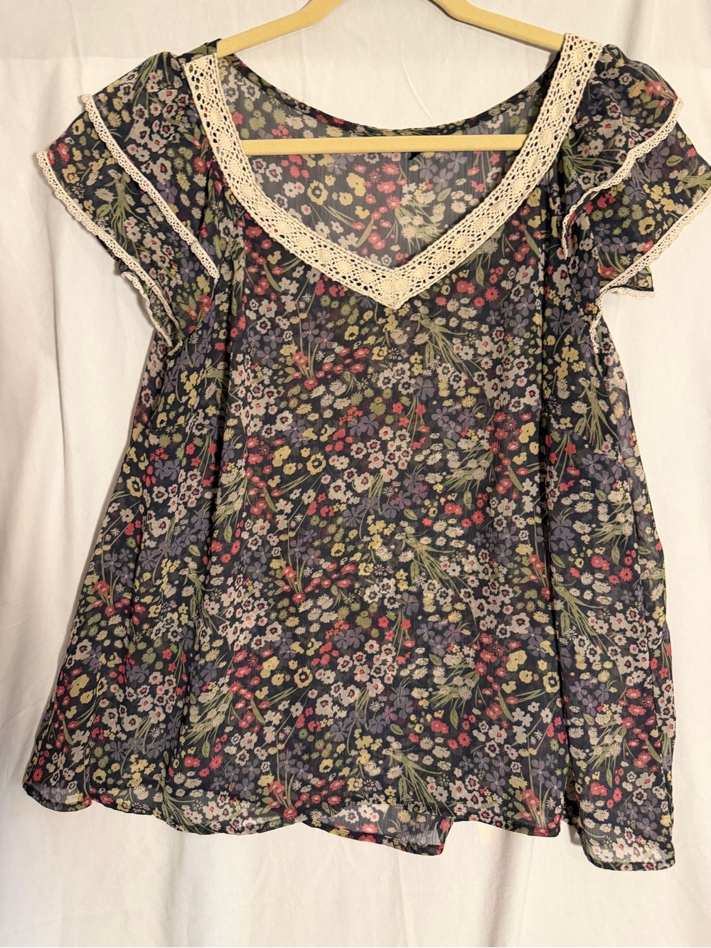 #394 Floral Lace-Trim Sheer Blouse - Navy Floral